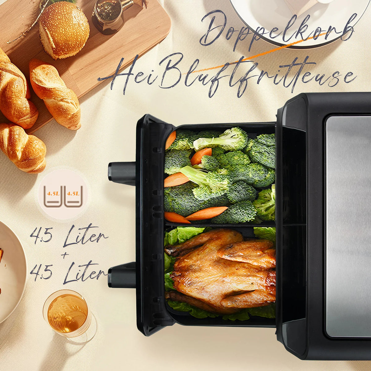 Friggitrice ad Aria Sinaopus 9L 2200W – Doppio Cestello, Touch LED, 10-in-1