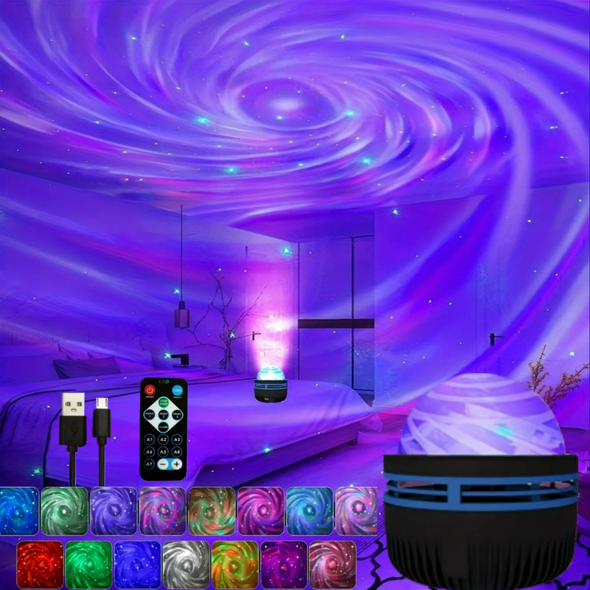 Proiettore LED Cielo Stellato RGB – 7 Colori, Rotazione e Telecomando