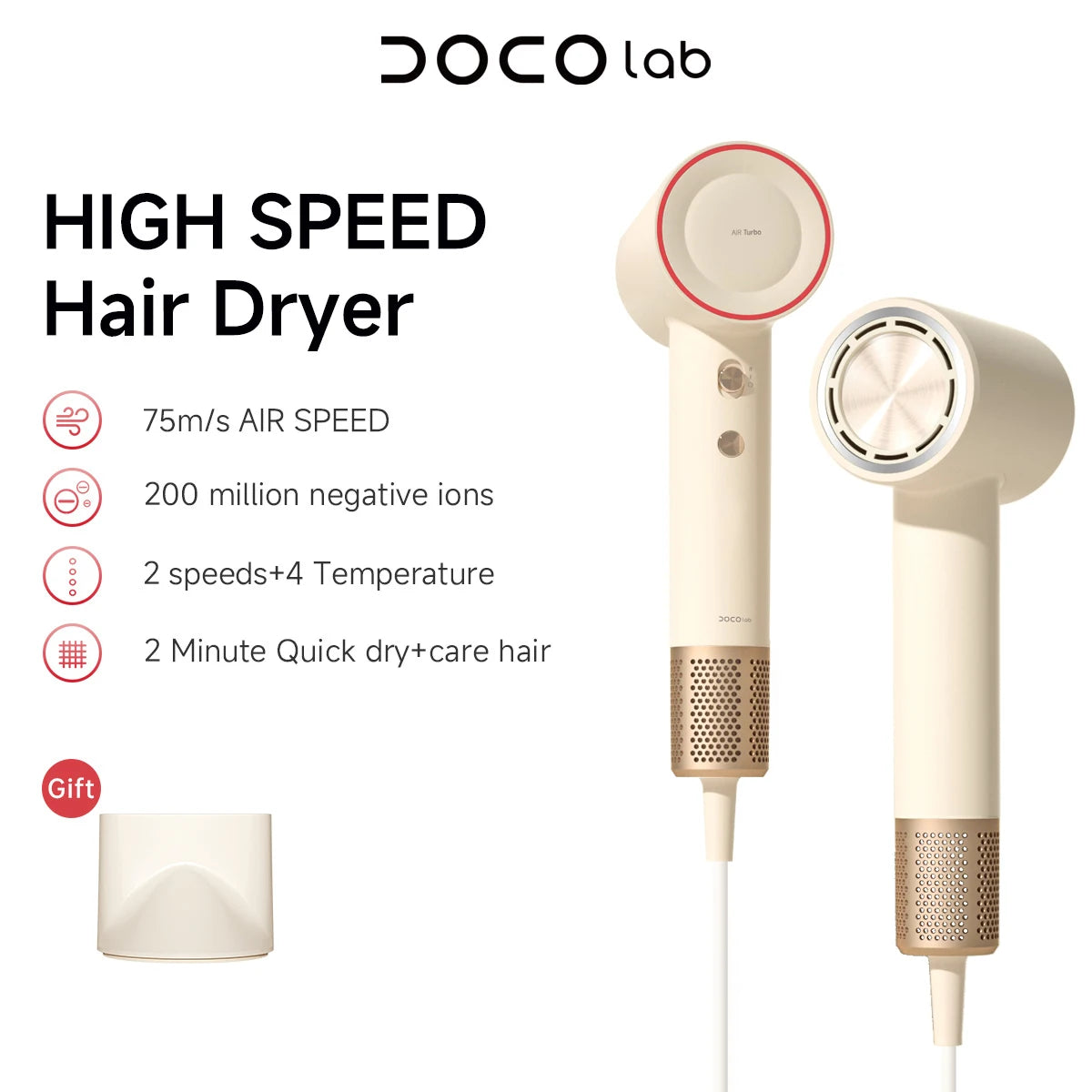 Asciugacapelli DOCO ad Alta Velocità 75m/s – 200M Ioni Negativi, 110.000 RPM, Professionale