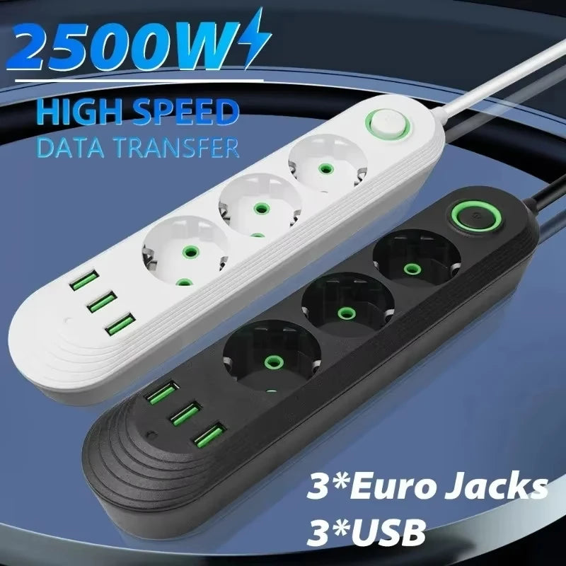 Multipresa con Filtro di Rete e Porte USB 2500W – Spina EU, Prolunga, Protezione Sovratensione
