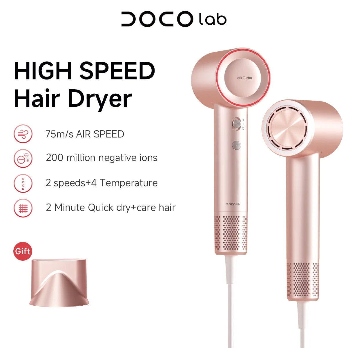 Asciugacapelli DOCO ad Alta Velocità 75m/s – 200M Ioni Negativi, 110.000 RPM, Professionale