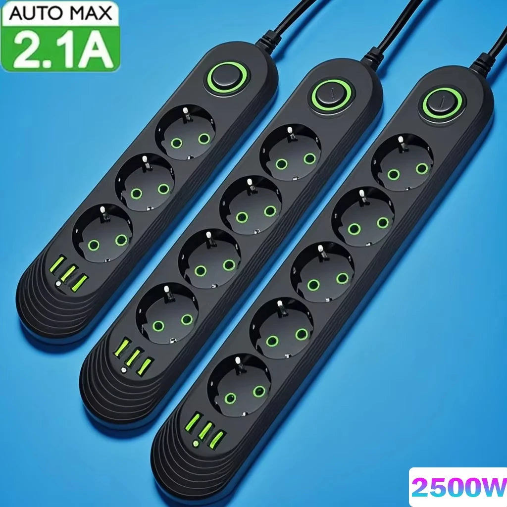 Multipresa con Filtro di Rete e Porte USB 2500W – Spina EU, Prolunga, Protezione Sovratensione