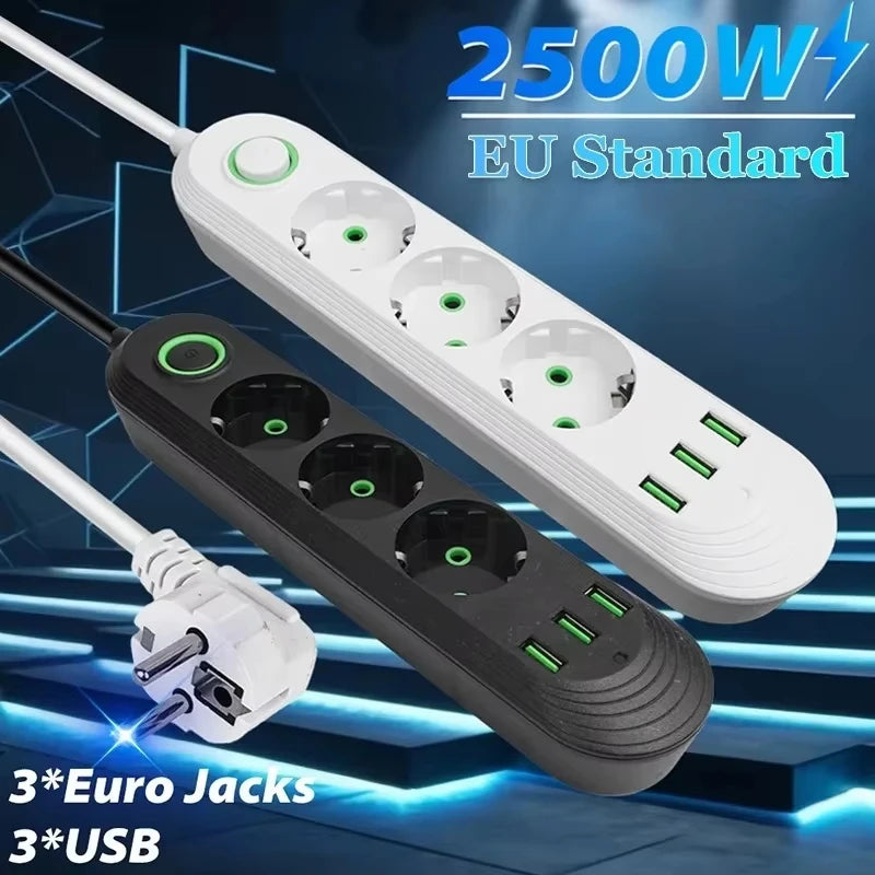 Multipresa con Filtro di Rete e Porte USB 2500W – Spina EU, Prolunga, Protezione Sovratensione