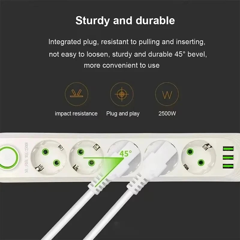 Multipresa con Filtro di Rete e Porte USB 2500W – Spina EU, Prolunga, Protezione Sovratensione