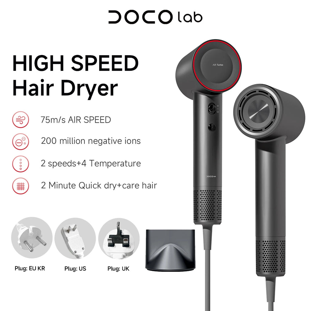 Asciugacapelli DOCO ad Alta Velocità 75m/s – 200M Ioni Negativi, 110.000 RPM, Professionale