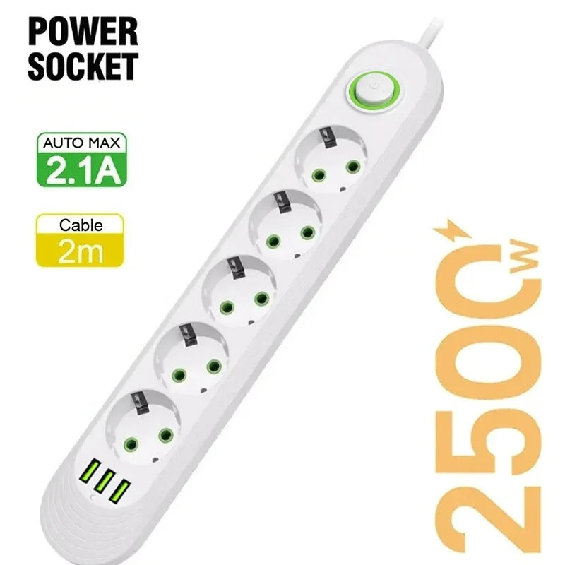 Multipresa con Filtro di Rete e Porte USB 2500W – Spina EU, Prolunga, Protezione Sovratensione