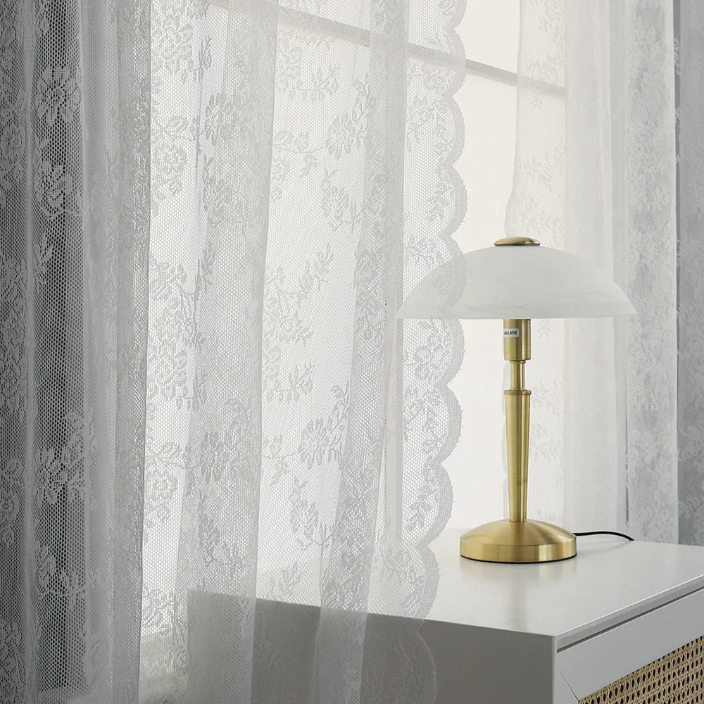Tenda in Pizzo Floreale Bianca – Stile Pastorale, per Camera da Letto e Finestra
