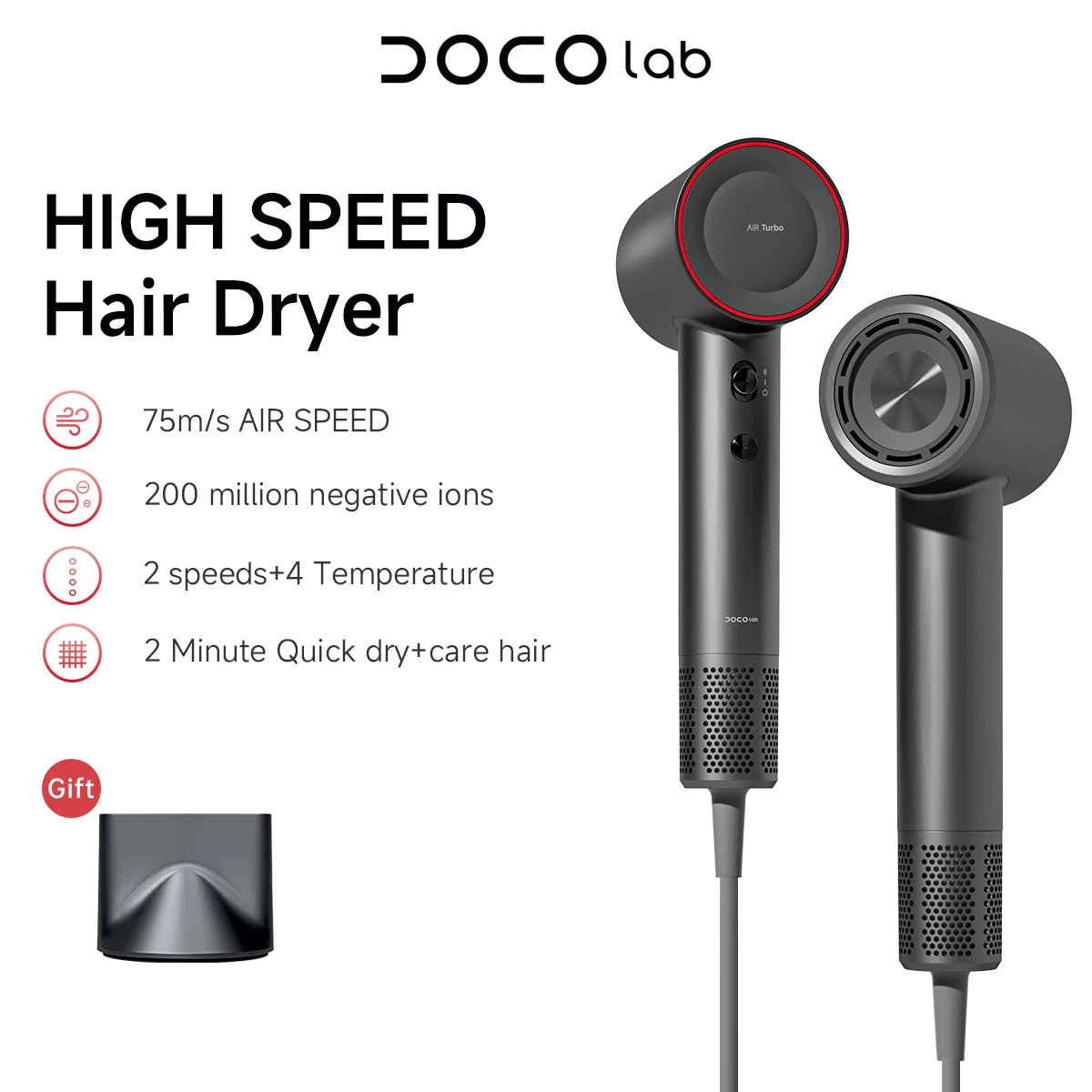Asciugacapelli DOCO ad Alta Velocità 75m/s – 200M Ioni Negativi, 110.000 RPM, Professionale