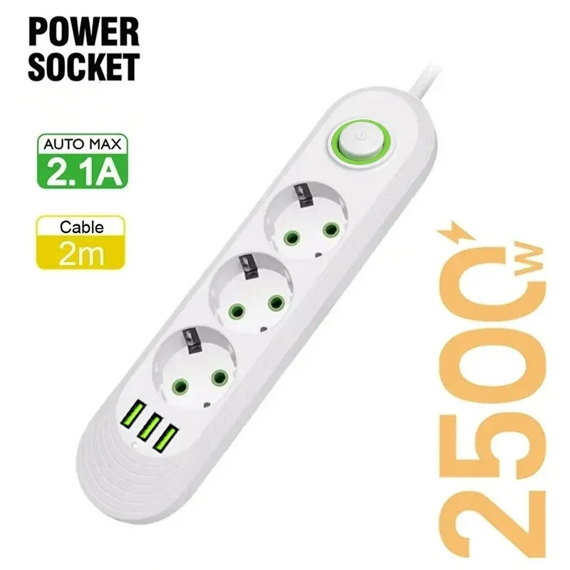 Multipresa con Filtro di Rete e Porte USB 2500W – Spina EU, Prolunga, Protezione Sovratensione