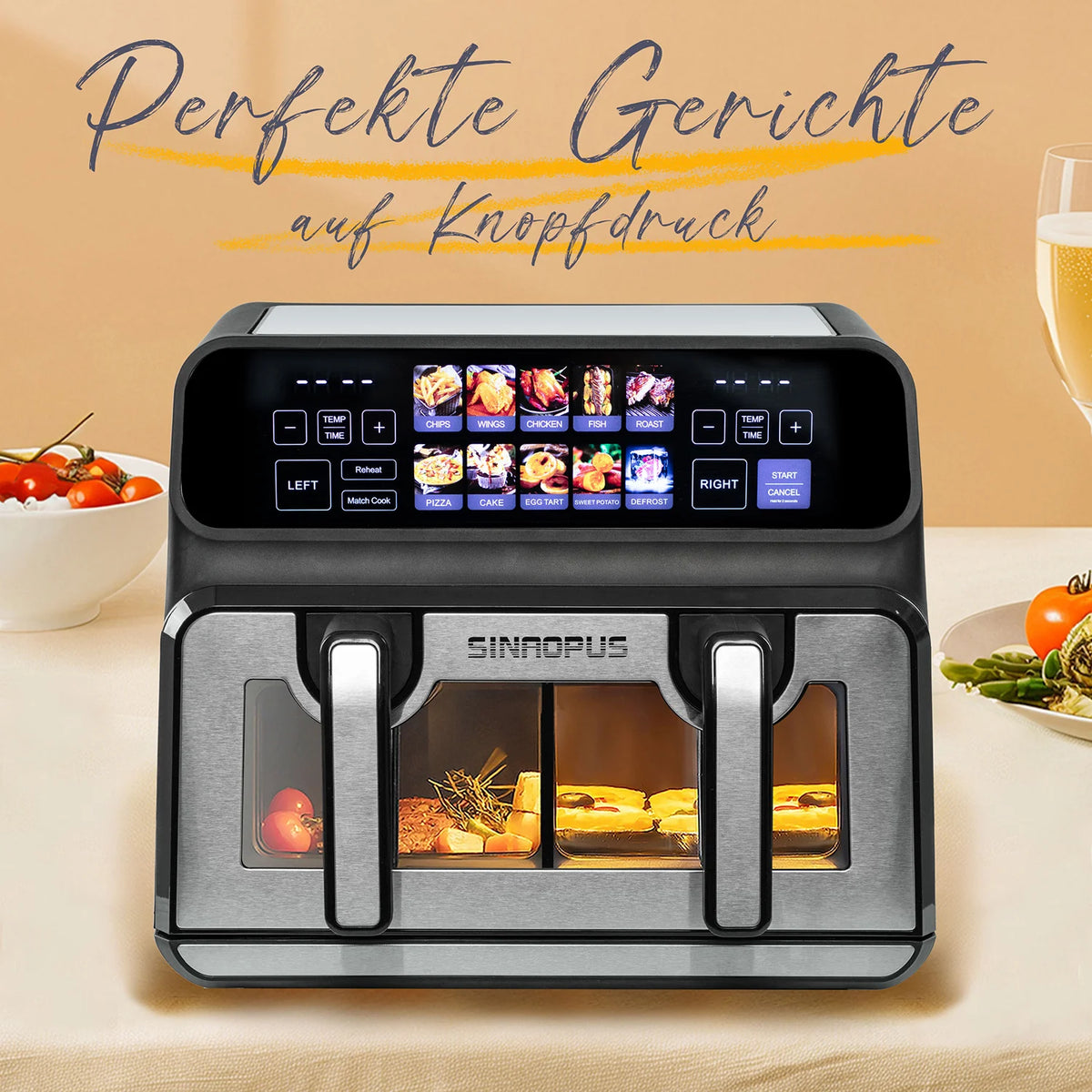 Friggitrice ad Aria Sinaopus 9L 2200W – Doppio Cestello, Touch LED, 10-in-1