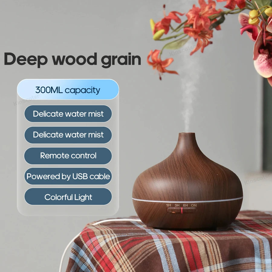 Diffusore Aromaterapia KINSCOTER 300ml – Venature Legno, USB, 3 Timer, Luce LED