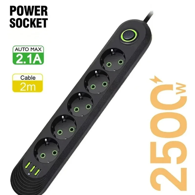 Multipresa con Filtro di Rete e Porte USB 2500W – Spina EU, Prolunga, Protezione Sovratensione