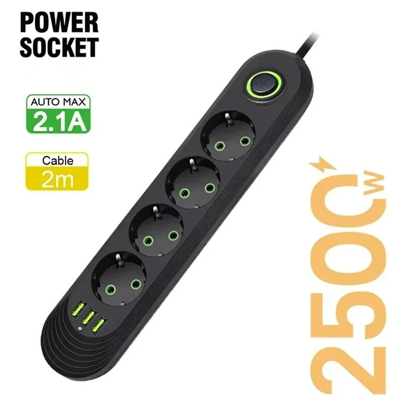 Multipresa con Filtro di Rete e Porte USB 2500W – Spina EU, Prolunga, Protezione Sovratensione