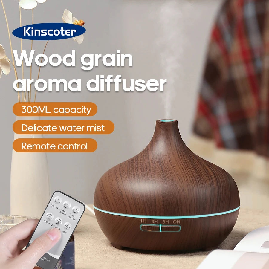 Diffusore Aromaterapia KINSCOTER 300ml – Venature Legno, USB, 3 Timer, Luce LED