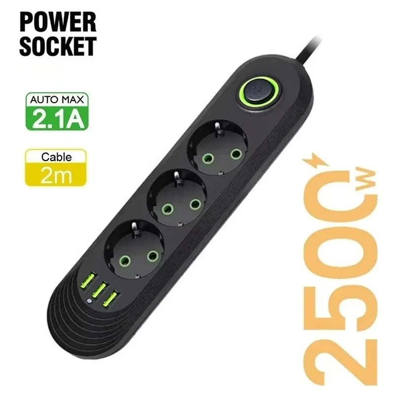 Multipresa con Filtro di Rete e Porte USB 2500W – Spina EU, Prolunga, Protezione Sovratensione