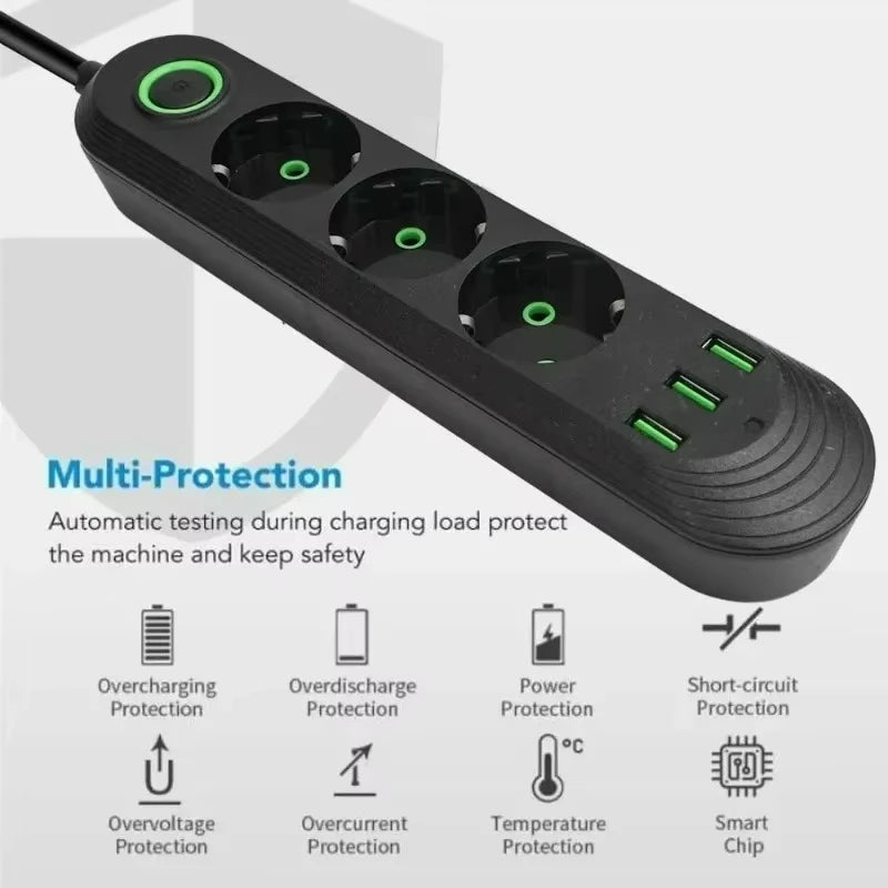 Multipresa con Filtro di Rete e Porte USB 2500W – Spina EU, Prolunga, Protezione Sovratensione