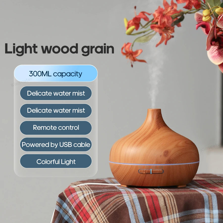 Diffusore Aromaterapia KINSCOTER 300ml – Venature Legno, USB, 3 Timer, Luce LED