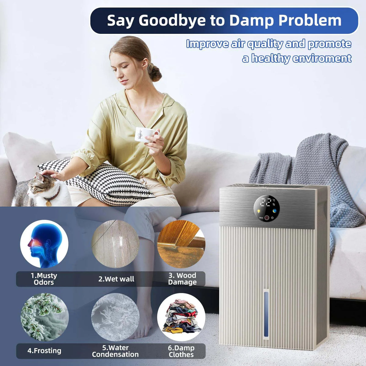 Deumidificatore 60 OZ per Casa – Silenzioso, Timer, 7 Colori LED, Spegnimento Automatico