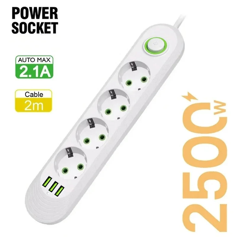 Multipresa con Filtro di Rete e Porte USB 2500W – Spina EU, Prolunga, Protezione Sovratensione