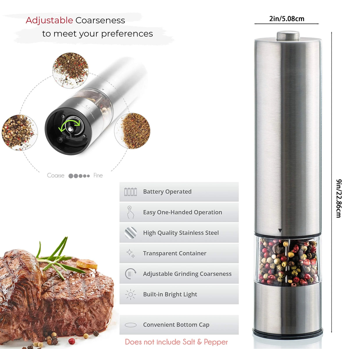 Set Macina Sale e Pepe Elettrico – Acciaio Inox, Luce LED, Funzionamento a Una Mano